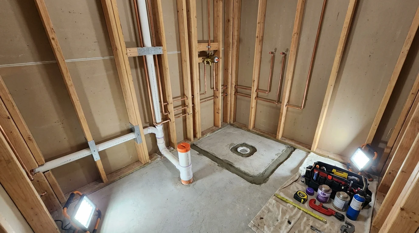 Bathroom rough-in plumbing during remodel by Johns Plumbing LLC in Mogadore