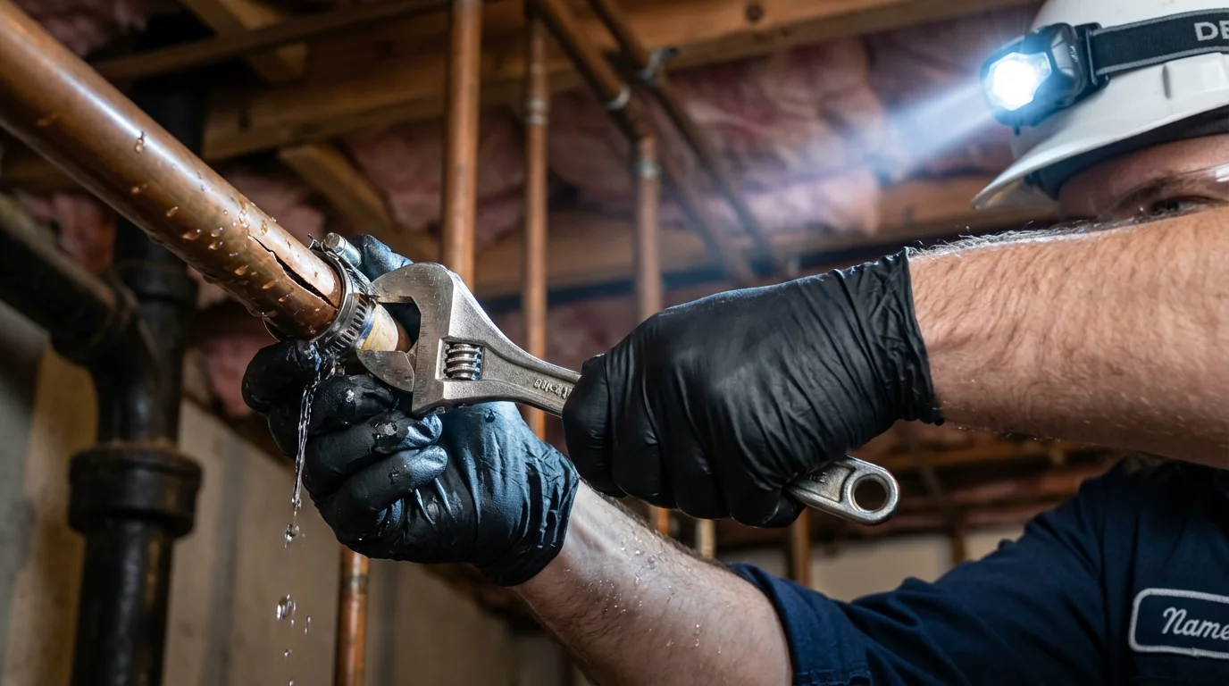 Emergency pipe clamp repair being performed by a Johns Plumbing LLC plumber in Mogadore