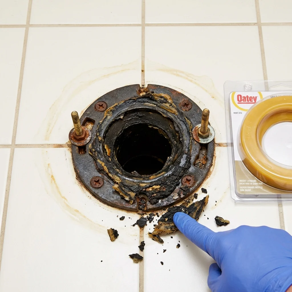 Failed wax ring showing water seepage at the base of a toilet in a Mogadore, OH home