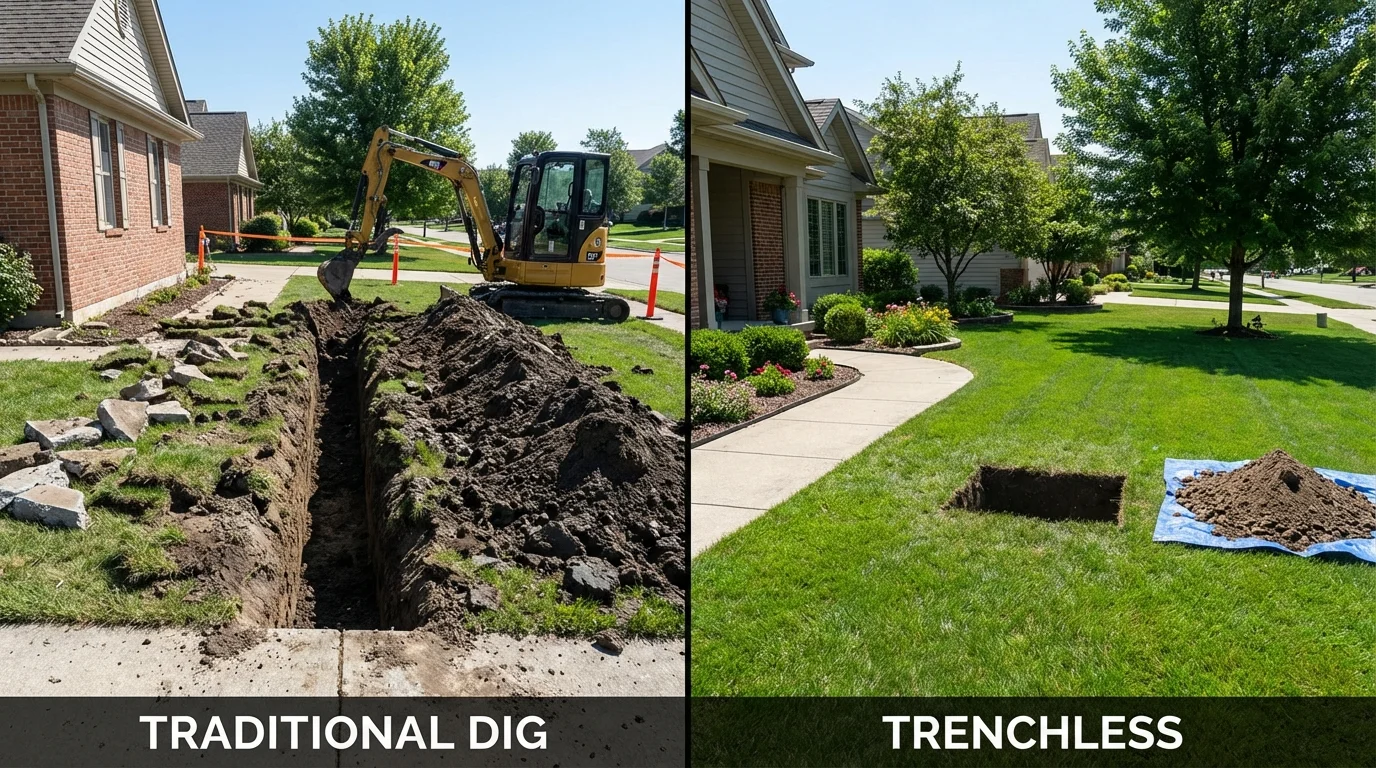 Trenchless sewer repair with minimal yard damage versus traditional excavation in Mogadore, OH