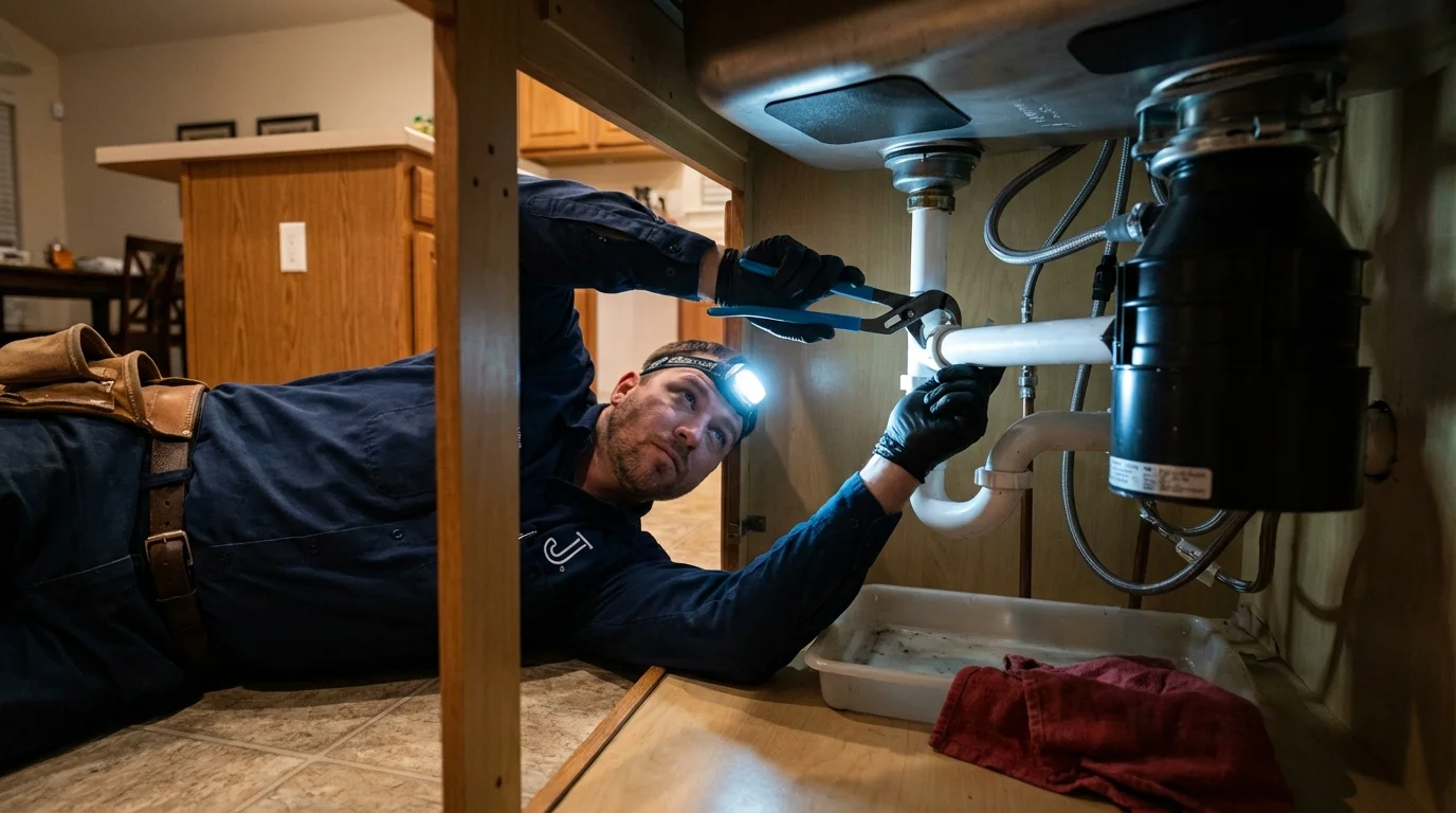 P-trap and supply line connections under a kitchen sink showing a common leak point in Mogadore, OH